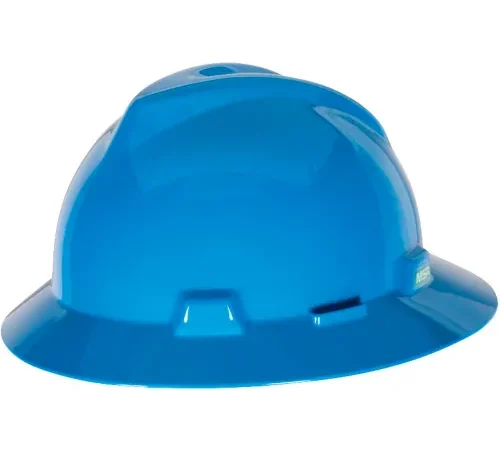 Blue construction hard hat on white background