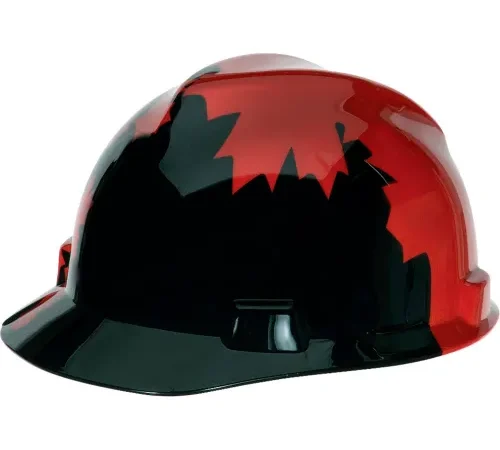 Red and black glossy construction hard hat