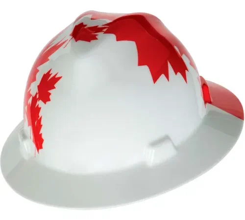 White hard hat with red maple leaf design