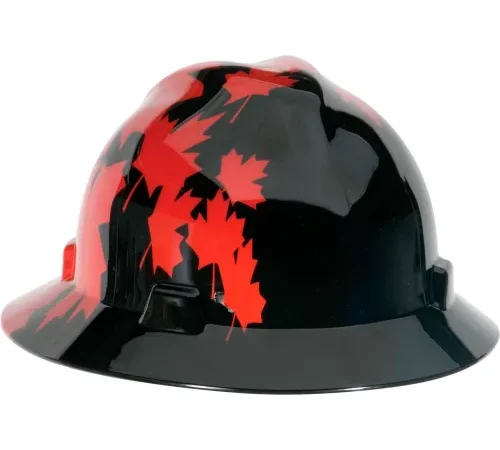 Black hard hat with red maple leaf decal