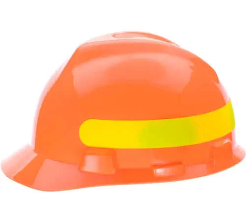 Orange construction hard hat with yellow stripe