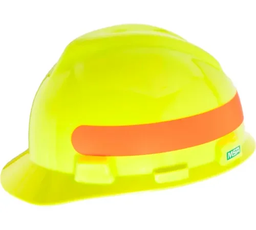 Yellow safety hard hat with orange stripe