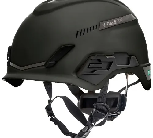 Black V-Gard safety helmet with chin straps
