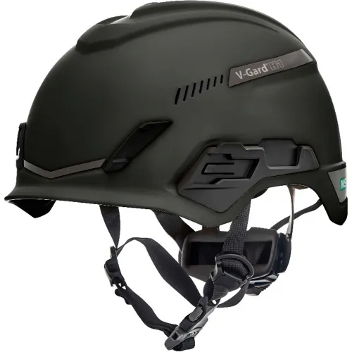 Black V-Gard safety helmet with chin straps