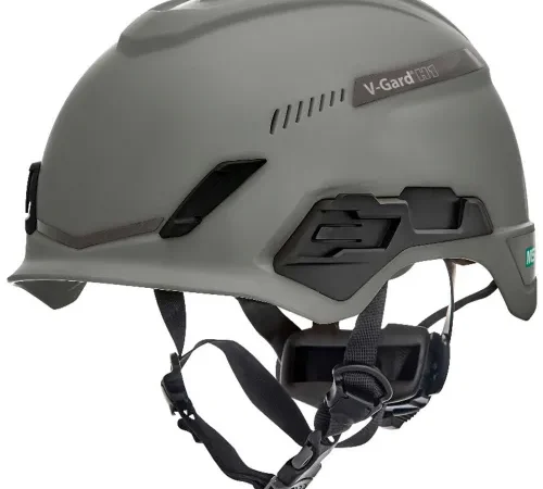 Gray V-Gard safety helmet with chin strap