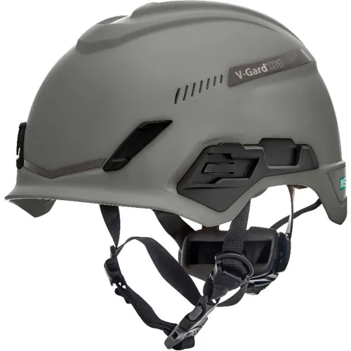 Gray V-Gard safety helmet with chin strap