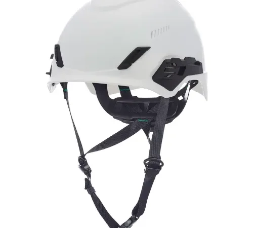 White safety helmet with adjustable chin straps