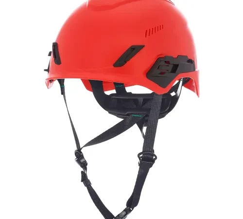Red climbing helmet with adjustable chin strap