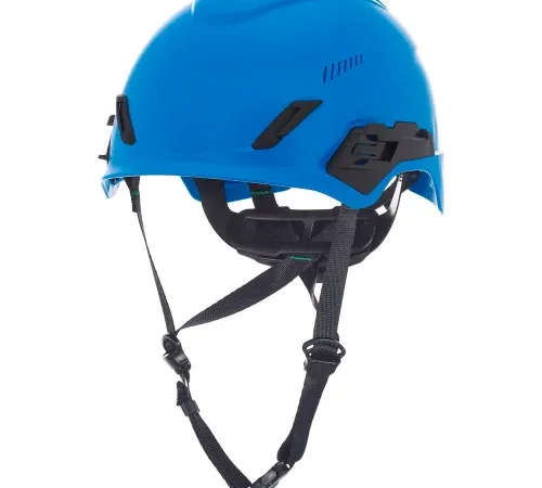 Blue climbing helmet with adjustable chin straps