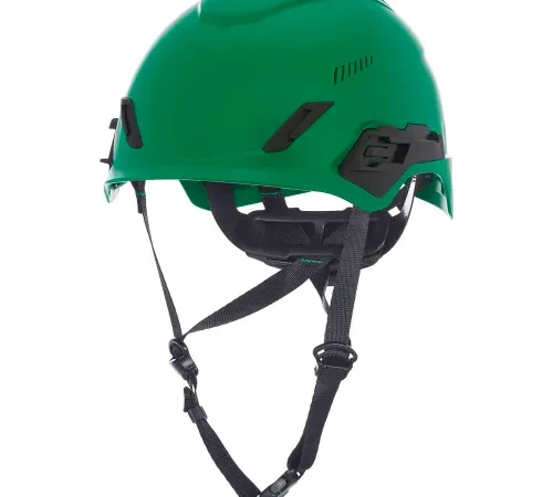 Green safety helmet with black chin straps