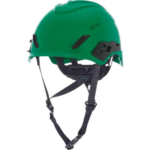 Green safety helmet with black chin straps