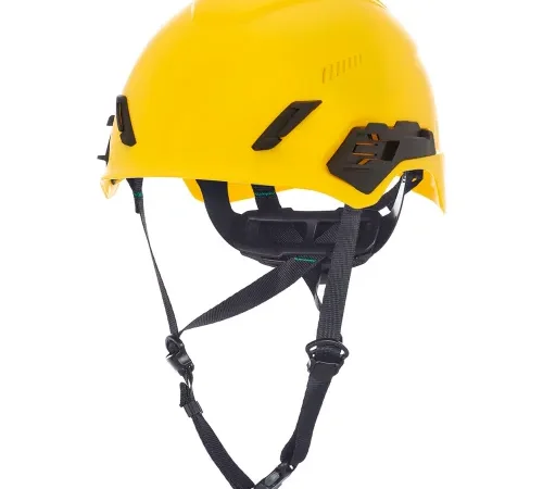 Yellow safety helmet with adjustable chin straps