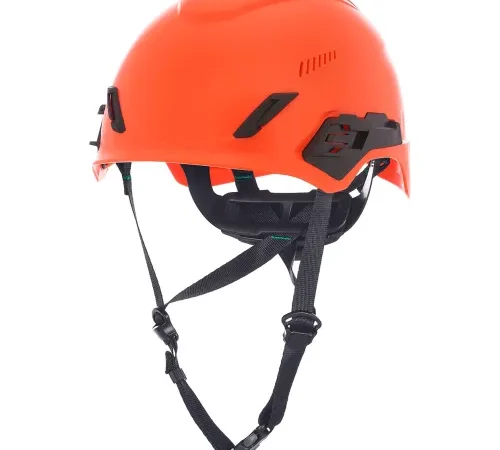 Orange climbing safety helmet with adjustable straps