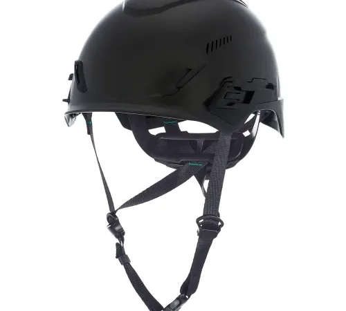 Black tactical helmet with adjustable chin straps