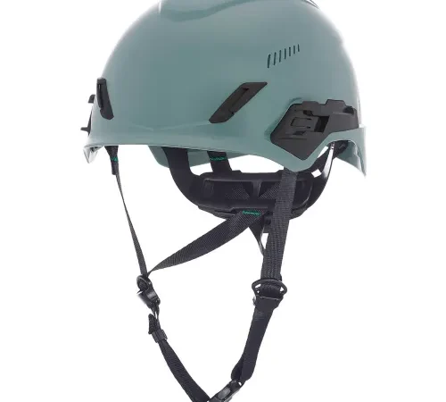 Teal climbing helmet with adjustable chin straps