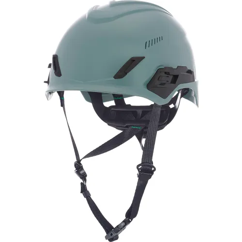 Teal climbing helmet with adjustable chin straps
