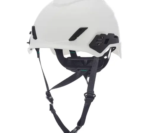 White safety helmet with adjustable chin straps
