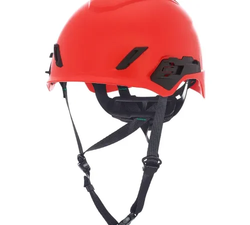 Red safety helmet with adjustable chin straps