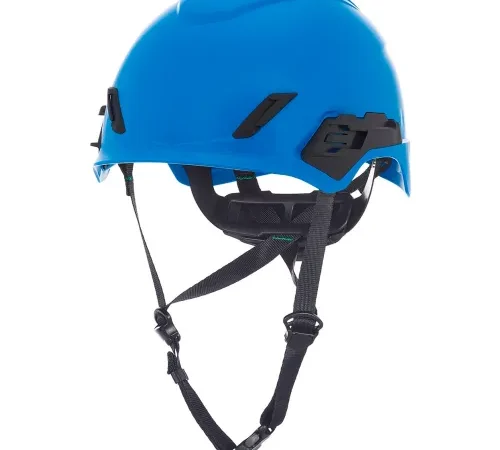 Blue safety helmet with adjustable chin straps