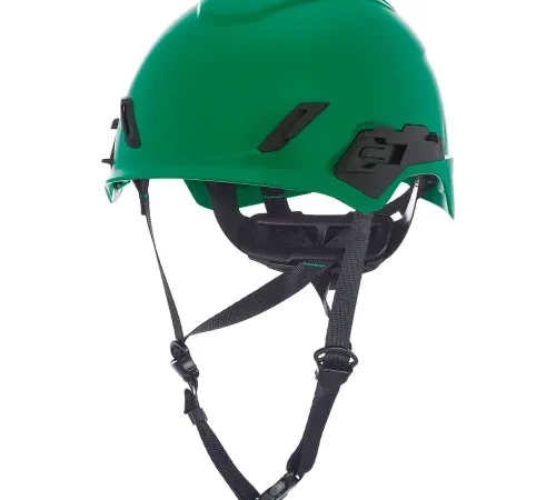 Green safety helmet with adjustable chin straps