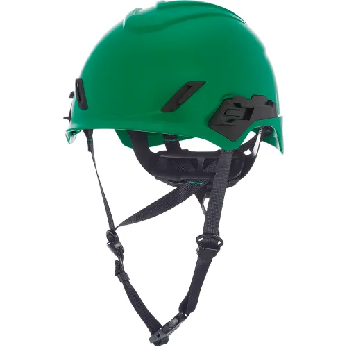 Green safety helmet with adjustable chin straps