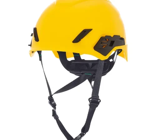 Yellow safety helmet with adjustable chin straps