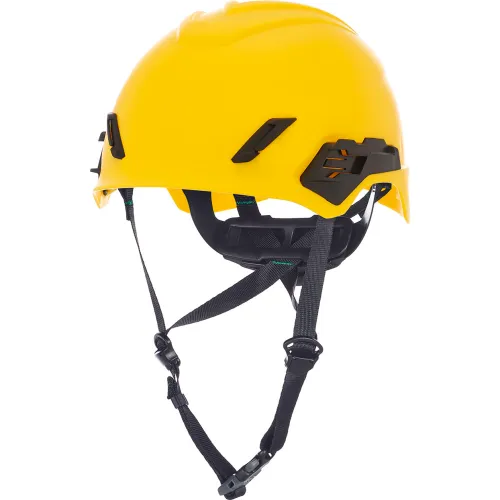 Yellow safety helmet with adjustable chin straps