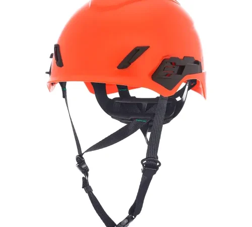 Orange safety helmet with adjustable chin straps