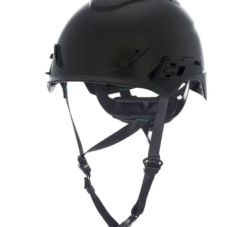 Black tactical helmet with adjustable chin straps