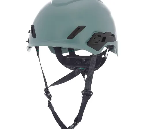 Teal climbing safety helmet with adjustable chin straps