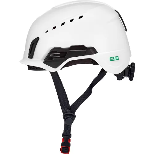 White MSA safety helmet with chin strap