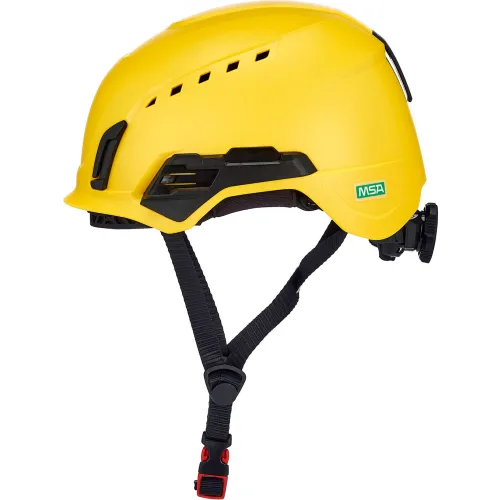 Yellow MSA safety helmet with chin strap