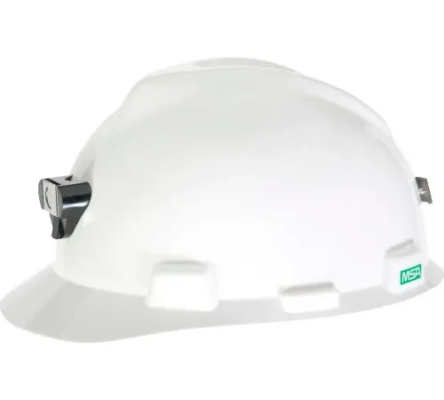 White MSA safety hard hat with mounts