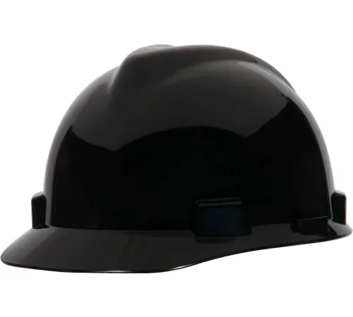 Black construction hard hat on white background
