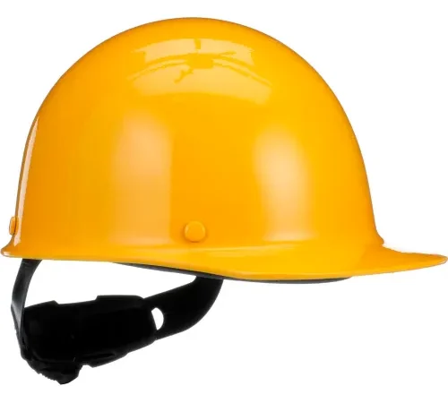 Yellow construction hard hat with chin strap