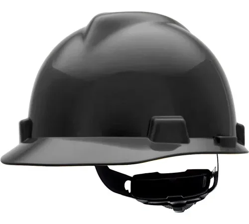 Black construction hard hat with chin strap
