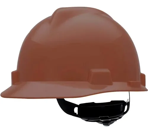 Brown construction hard hat with suspension