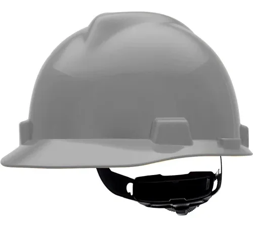 Gray construction hard hat with chin strap