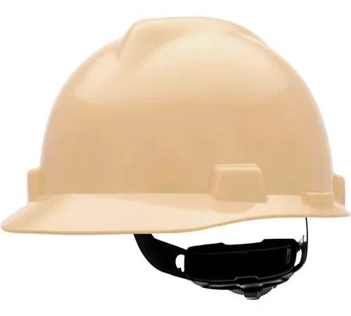 Beige construction hard hat with black suspension