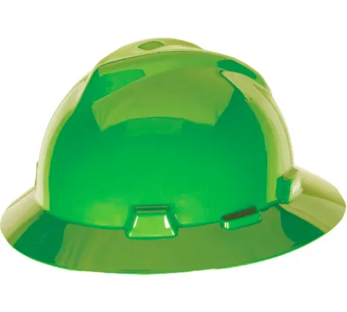 Green construction hard hat on white