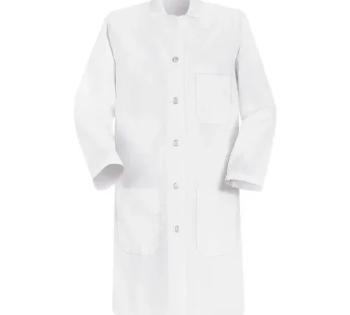 White button-front lab coat with pockets