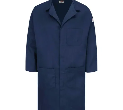 Bulwark® Unisex Concealed Snap Front Lab Coat, Navy, Cotton/Nylon, 2XL