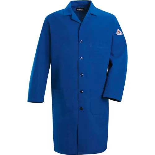 Blue lab coat with safety triangle patch