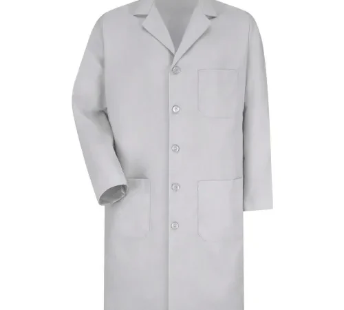 Light gray button-front lab coat with pockets
