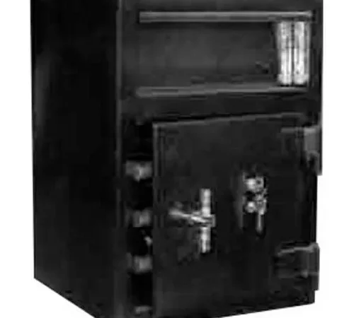 Black metal safe with open door