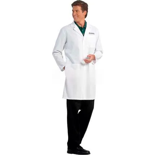 Person wearing white lab coat and black pants