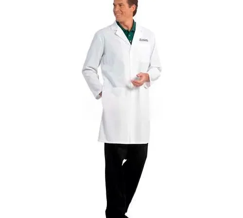 Man wearing white lab coat and black pants