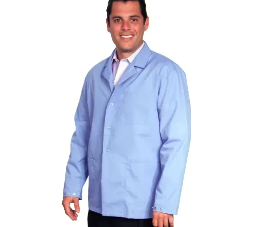 Smiling person in light blue lab coat