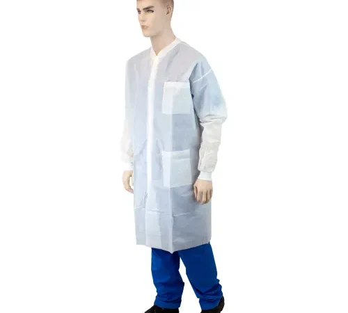 Mannequin wearing disposable white lab coat
