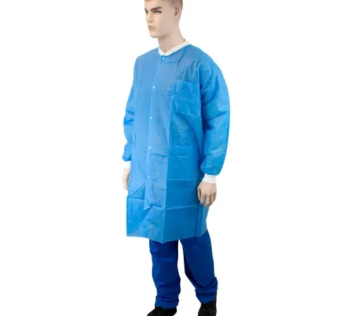 Mannequin wearing blue disposable medical gown